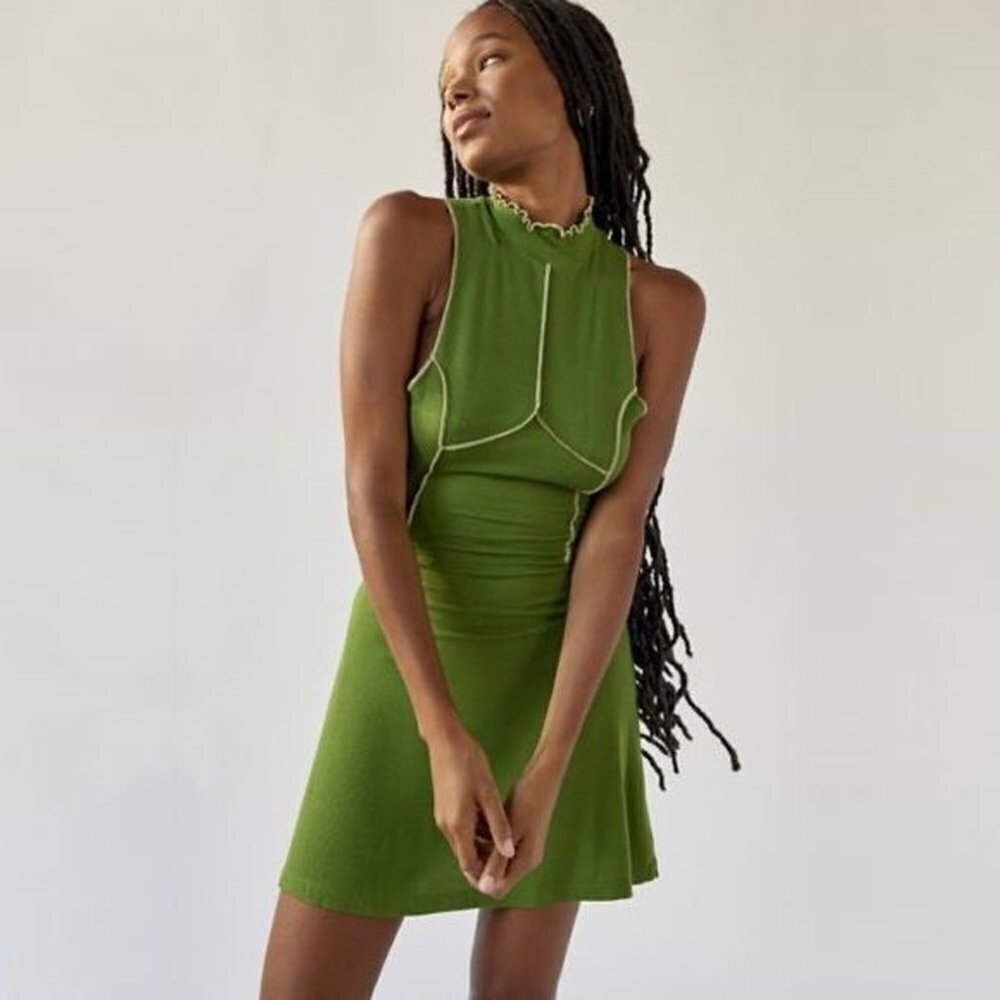 Green Sleeveless Ruffle-Trim Mini Dress